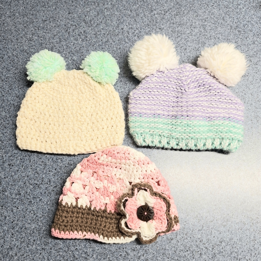 406 Yarn Creations Crocheted Cap & Two Pom Pom knit Hats 3-6 Months, NWOT